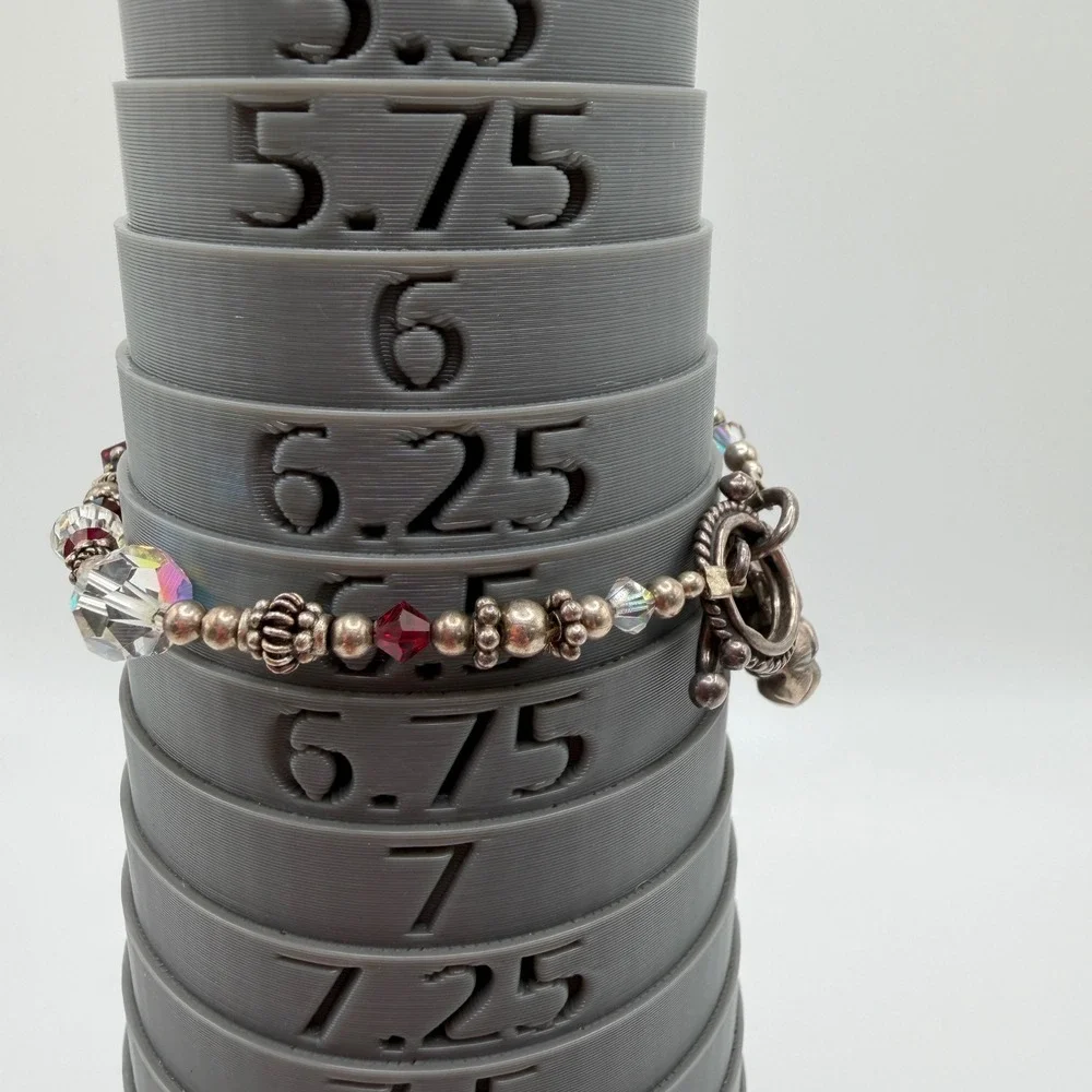 VTG Style Red Ruby AB Crystal Beaded Toggle Bracelet Quilted Heart Charm Sweet